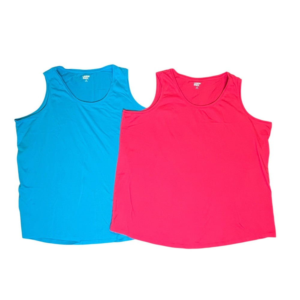 Lands End Tank Top Bundle Womens 2X Blue Pink Cotton Scoop Neck Casual Basics